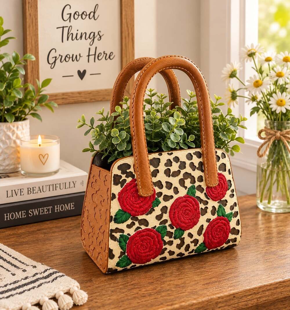 New Large Red Rose Purse Western Whimsical Flower Pot Planter Vase Home Decor